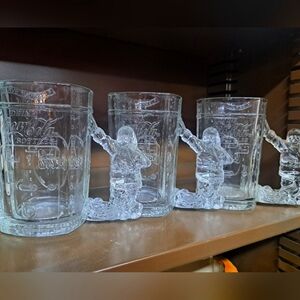 Coca Cola Christmas Heavy Glass Stein Mugs With Santa Claus Handle 5.75" tall.
